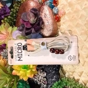 📶 Solaray USB Micro Cable 3ft Long Beige w/Brown Beads Wood Look Ends